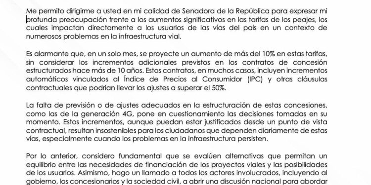Senadora Sonia Bernal llama a revaluar el aumento de tarifas de peajes en Colombia para 2025