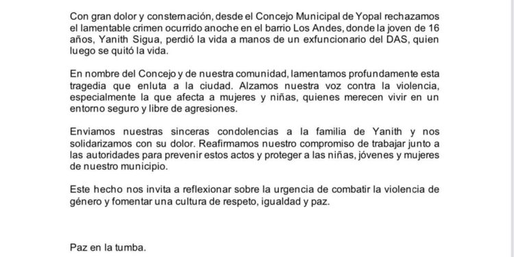 Concejo Municipal de Yopal rechaza violencia que cobró la vida de una joven de 16 años