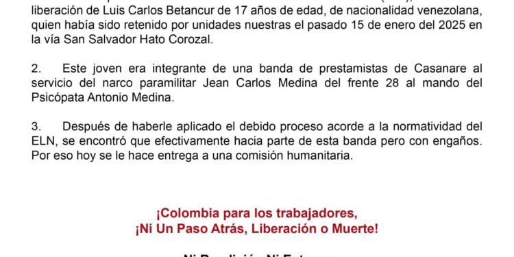 ELN Libera a joven secuestrado en la vía Puerto San Salvador de Tame a Hato Corozal