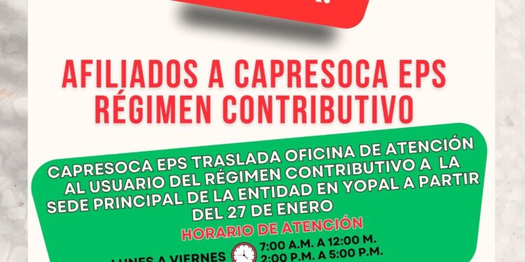 Capresoca EPS traslada oficina de atención al usuario del régimen contributivo a su sede principal en Yopal