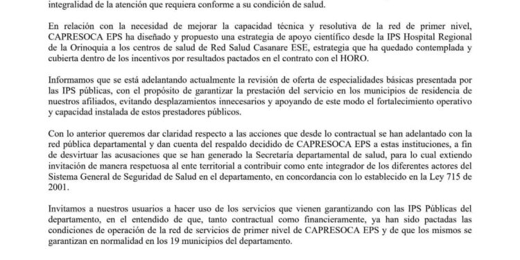 Capresoca EPS rechaza información de la Gobernación de Casanare