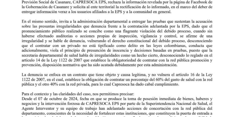 Capresoca EPS rechaza información de la Gobernación de Casanare
