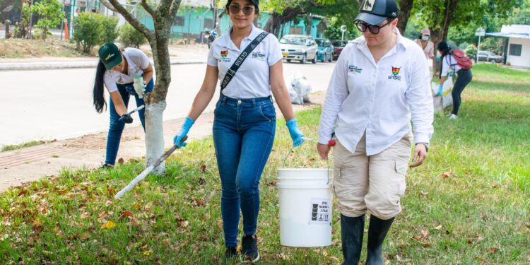 Jornada de aseo y cuidado de árboles en el parque principal de La Chaparrera
