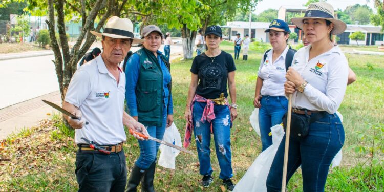 Jornada de aseo y cuidado de árboles en el parque principal de La Chaparrera
