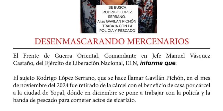 ELN da a conocer identidad de sujeto que adelantaría atentado en el Piedemonte Llanero