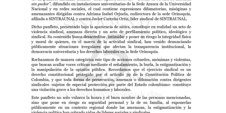Denuncian amenaza y perfilamiento contra dirigentes sindicales de la Universidad Nacional de Colombia sede Orinoquía en Arauca