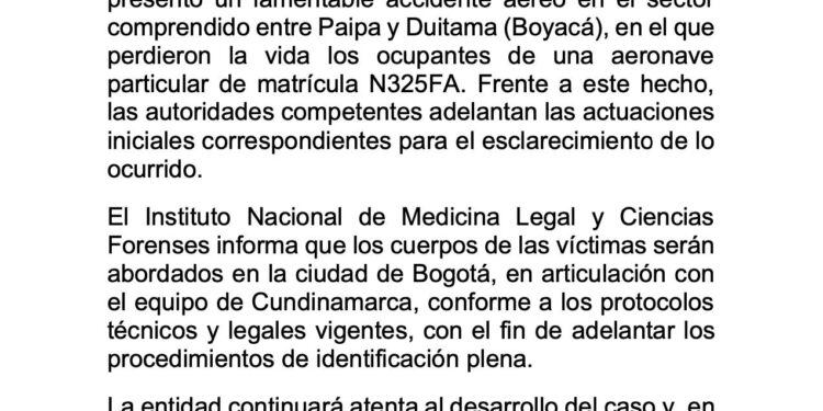 Comunicado a la opinión pública sobre el accidente aéreo ocurrido entre Paipa y Duitama, Boyacá