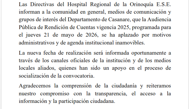 Aplazamiento de la Audiencia Pública de Rendición de Cuentas, vigencia 2025, del Hospital Regional de la Orinoquía E.S.E.