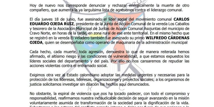 Federación de Acción Comunal de Arauca rechaza asesinato de líder comunal en Cravo Norte