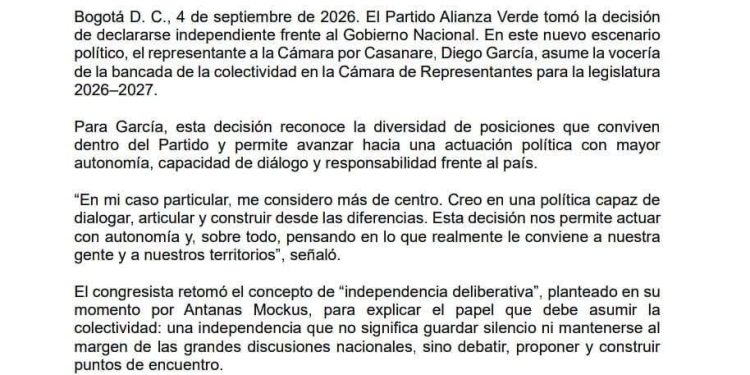 Representante por Casanare, Diego García será vocero del Partido Alianza Verde