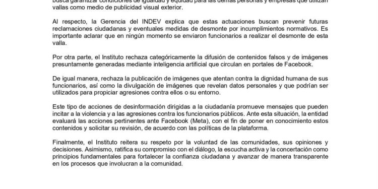 INDEV aclara actuaciones administrativas en La Bendición y rechaza difusión de información falsa en redes sociales